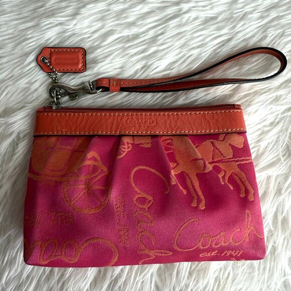 COACH Orange Pink Horse Carriage Canvas Wristlet - Picture 1 of 8
